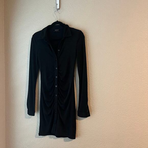 Bardot Black Shimmer Ruched Bodycon Dress Stretch Long Sleeve 4 Button Down - Picture 2 of 7